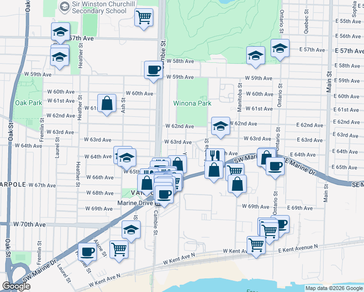 map of restaurants, bars, coffee shops, grocery stores, and more near 7915 Yukon Street in Vancouver