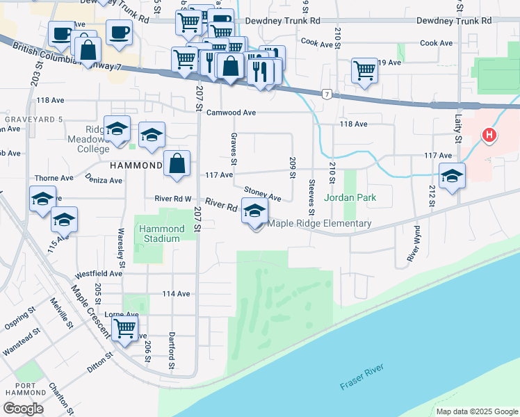 map of restaurants, bars, coffee shops, grocery stores, and more near 20831 River Road in Maple Ridge