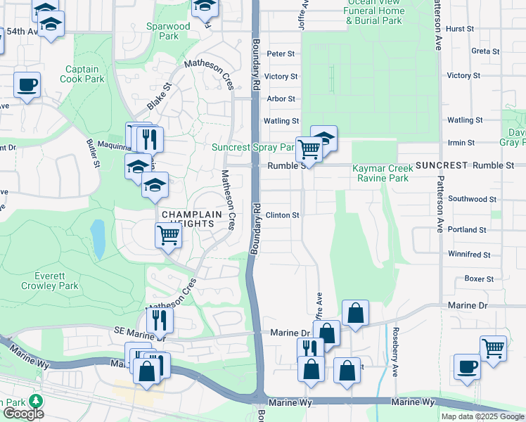 map of restaurants, bars, coffee shops, grocery stores, and more near 3705 Clinton Street in Burnaby
