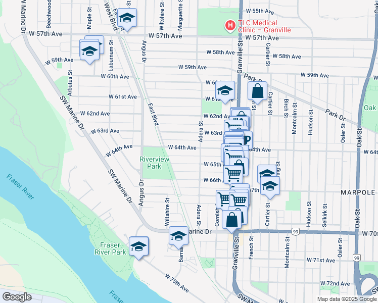 map of restaurants, bars, coffee shops, grocery stores, and more near 1630 West 64th Avenue in Vancouver