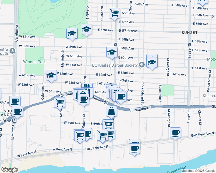 map of restaurants, bars, coffee shops, grocery stores, and more near in Vancouver