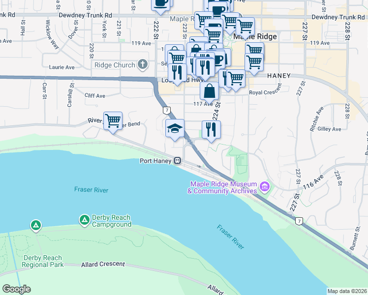 map of restaurants, bars, coffee shops, grocery stores, and more near 223 Street in Maple Ridge