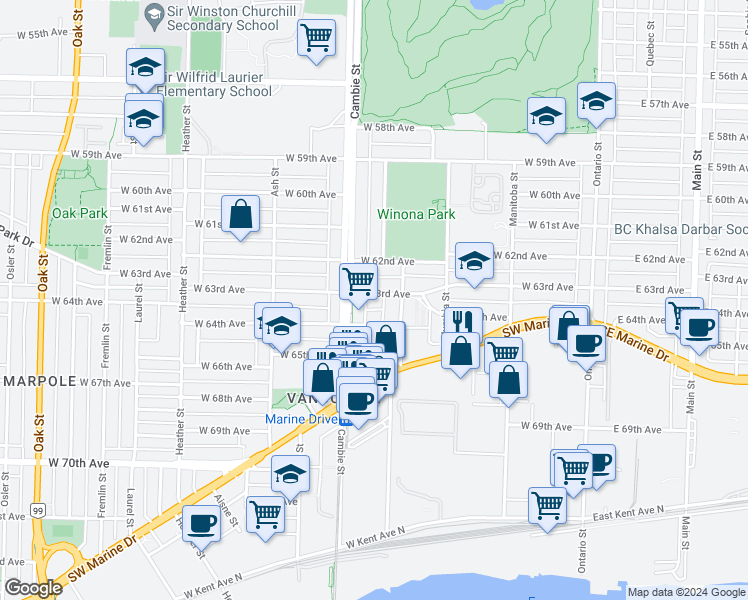 map of restaurants, bars, coffee shops, grocery stores, and more near in Vancouver