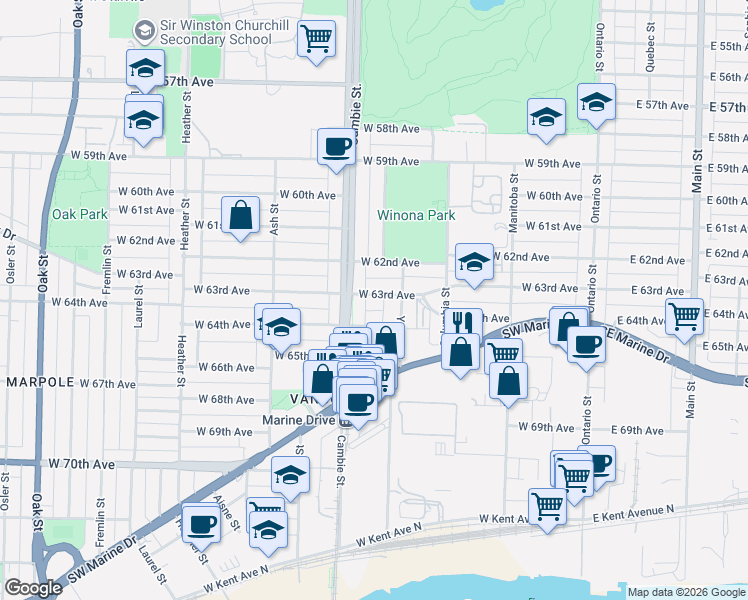 map of restaurants, bars, coffee shops, grocery stores, and more near in Vancouver