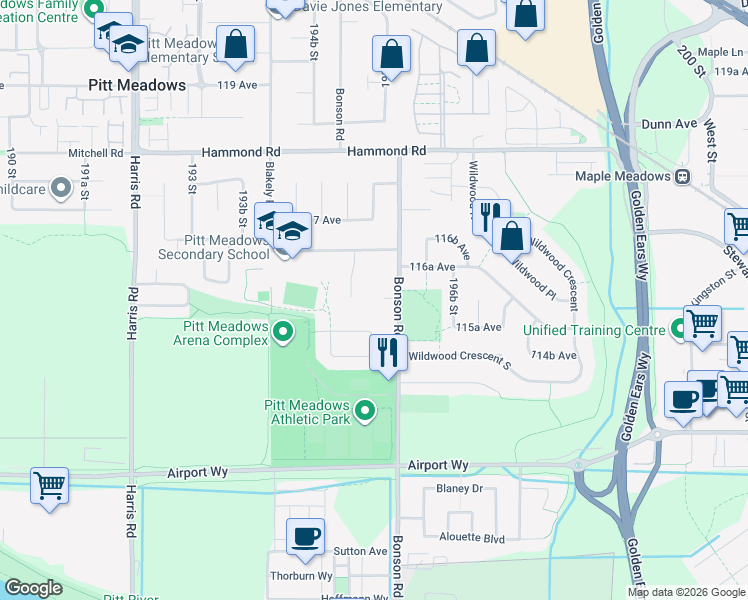 map of restaurants, bars, coffee shops, grocery stores, and more near 19546 115B Avenue in Pitt Meadows
