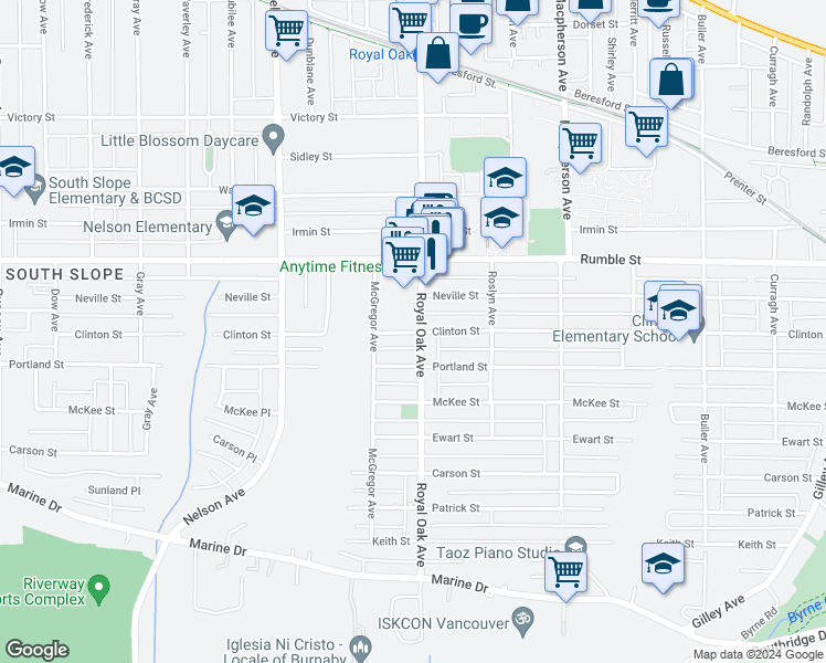 map of restaurants, bars, coffee shops, grocery stores, and more near 7777 Royal Oak Avenue in Burnaby