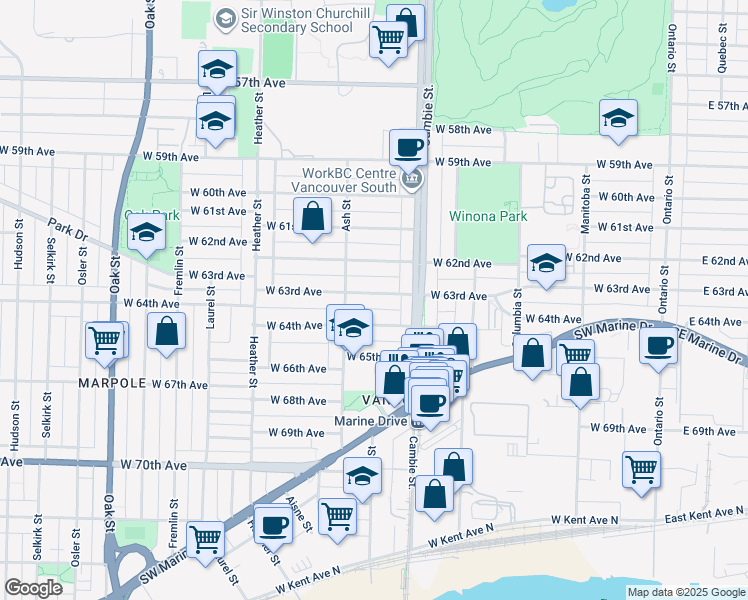 map of restaurants, bars, coffee shops, grocery stores, and more near 562 West 63rd Avenue in Vancouver