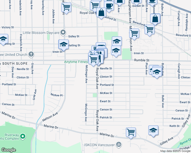map of restaurants, bars, coffee shops, grocery stores, and more near 7777 Royal Oak Avenue in Burnaby