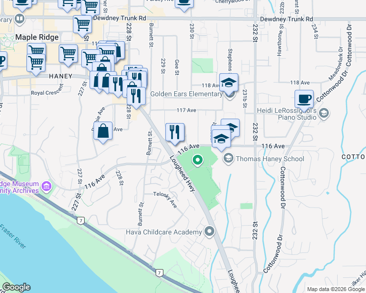 map of restaurants, bars, coffee shops, grocery stores, and more near 22931 Lougheed Highway in Maple Ridge