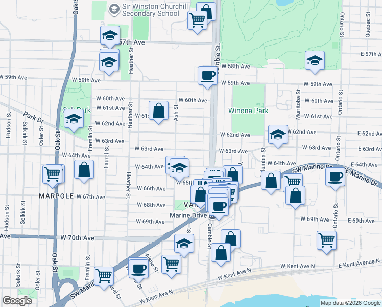 map of restaurants, bars, coffee shops, grocery stores, and more near 560 West 63rd Avenue in Vancouver