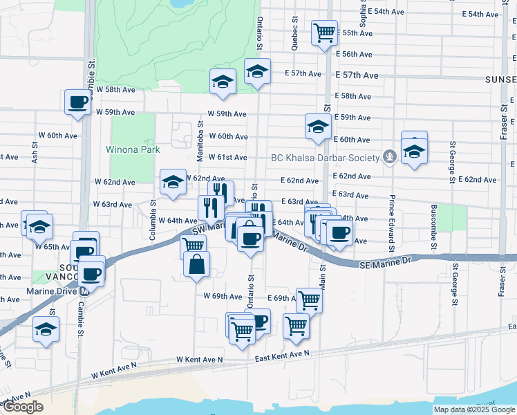 map of restaurants, bars, coffee shops, grocery stores, and more near 7920 Ontario Street in Vancouver