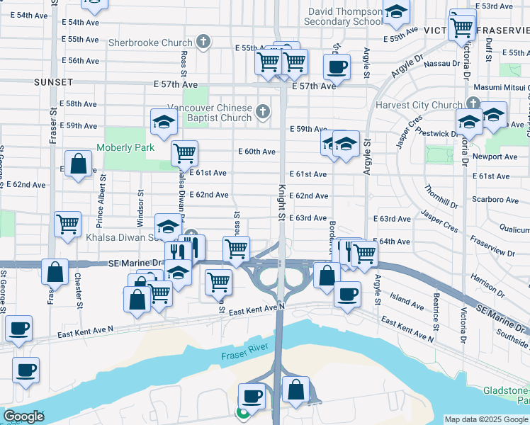 map of restaurants, bars, coffee shops, grocery stores, and more near 1371 East 63rd Avenue in Vancouver