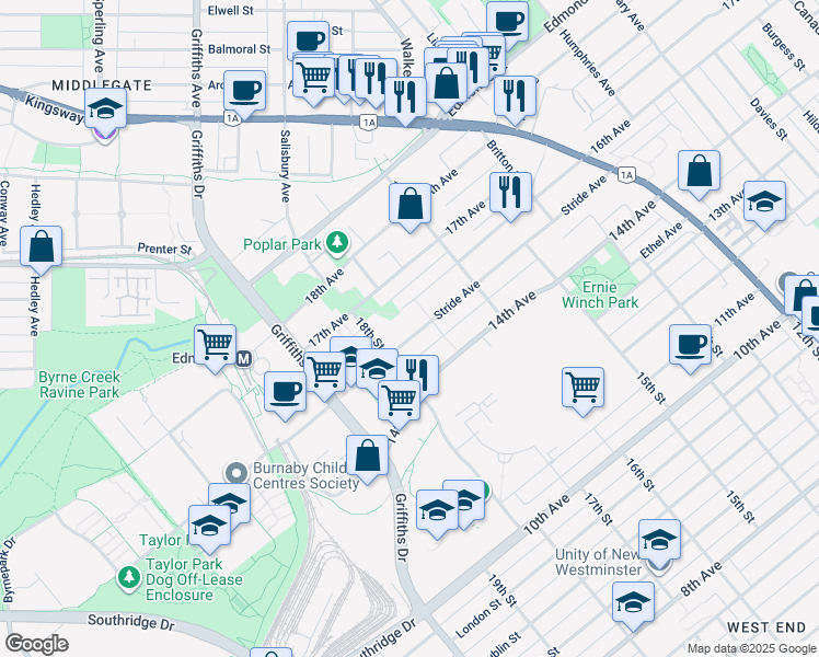 map of restaurants, bars, coffee shops, grocery stores, and more near 7131 Stride Avenue in Burnaby
