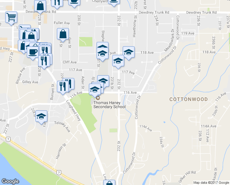 map of restaurants, bars, coffee shops, grocery stores, and more near 23239 116 Avenue in Maple Ridge