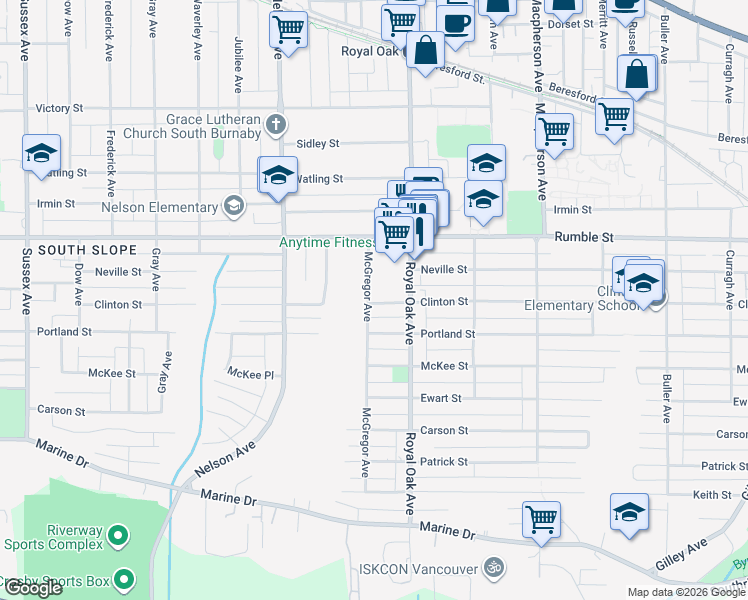 map of restaurants, bars, coffee shops, grocery stores, and more near 5111 Clinton Street in Burnaby