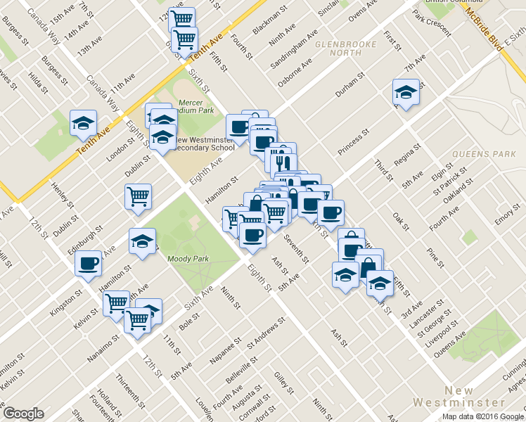map of restaurants, bars, coffee shops, grocery stores, and more near 710 Seventh Avenue in New Westminster