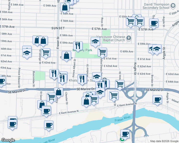 map of restaurants, bars, coffee shops, grocery stores, and more near 7882 Windsor Street in Vancouver
