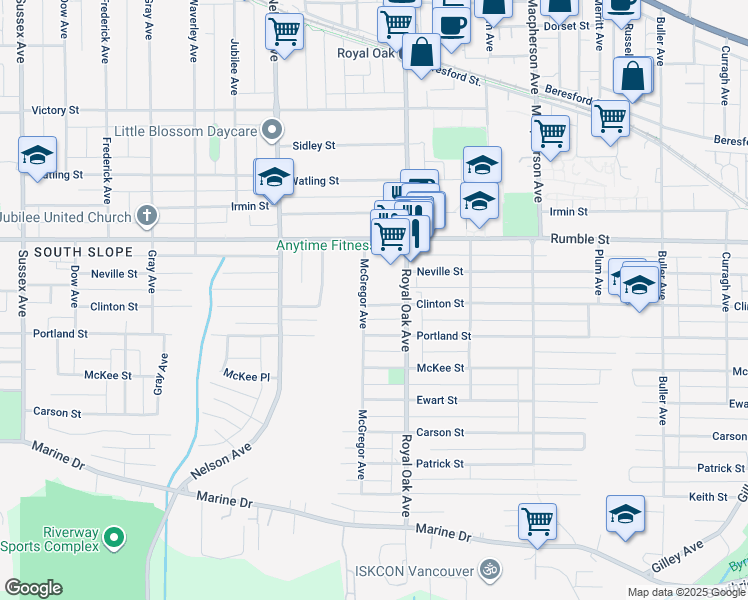 map of restaurants, bars, coffee shops, grocery stores, and more near 5111 Clinton Street in Burnaby