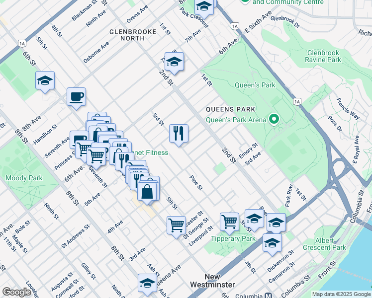 map of restaurants, bars, coffee shops, grocery stores, and more near 415 3rd Street in New Westminster