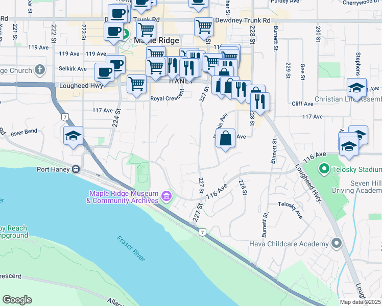 map of restaurants, bars, coffee shops, grocery stores, and more near 11639 227 Street in Maple Ridge