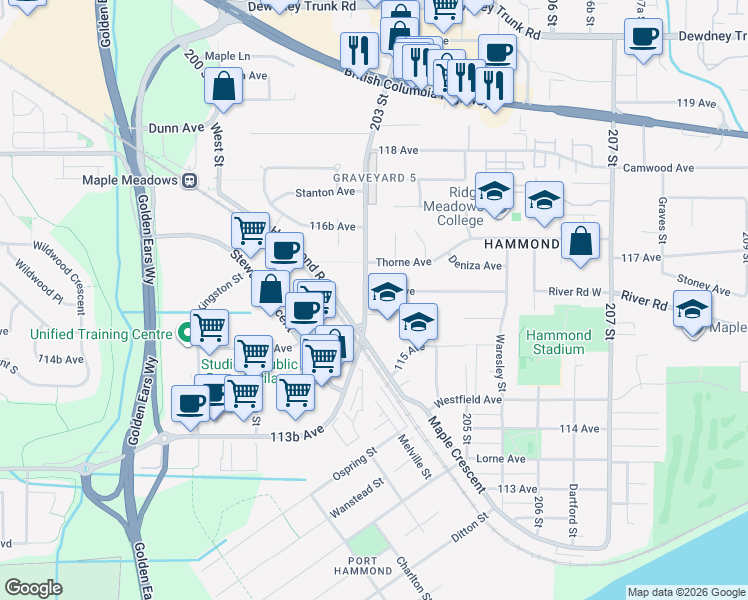 map of restaurants, bars, coffee shops, grocery stores, and more near 20290 116 Avenue in Maple Ridge