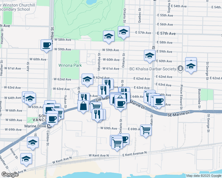 map of restaurants, bars, coffee shops, grocery stores, and more near 76 West 63rd Avenue in Vancouver