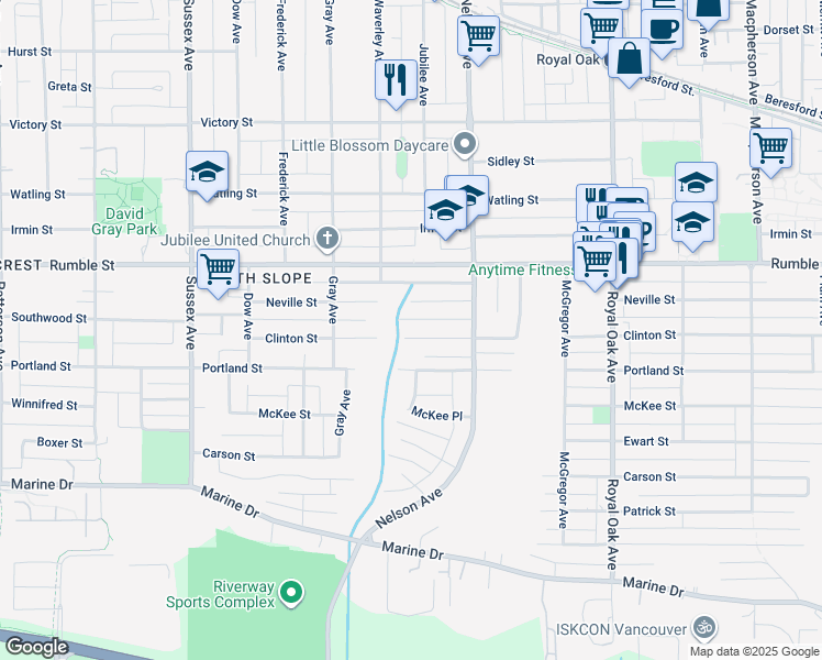 map of restaurants, bars, coffee shops, grocery stores, and more near 4761 Clinton Street in Burnaby