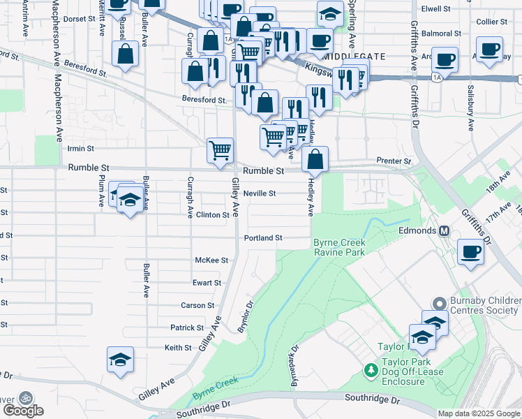 map of restaurants, bars, coffee shops, grocery stores, and more near 6407 Clinton Street in Burnaby