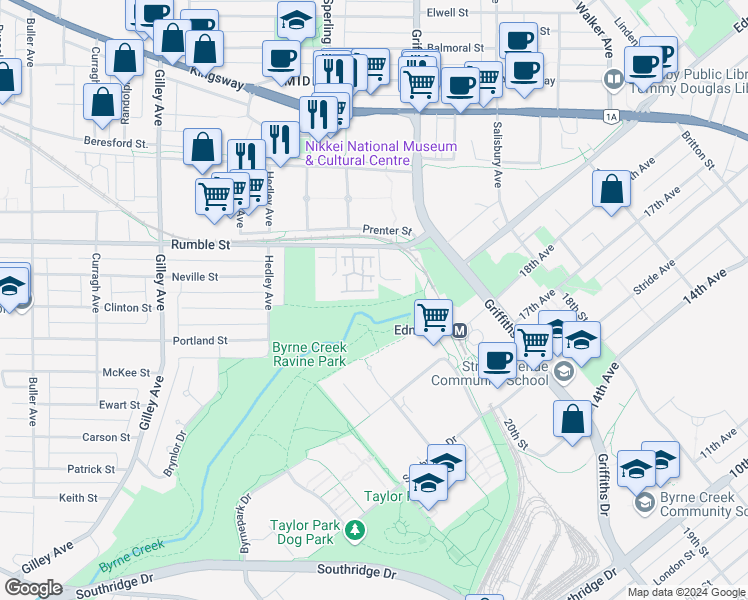 map of restaurants, bars, coffee shops, grocery stores, and more near 6741 Hart Street in Burnaby