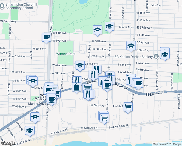 map of restaurants, bars, coffee shops, grocery stores, and more near 190 West 63rd Avenue in Vancouver
