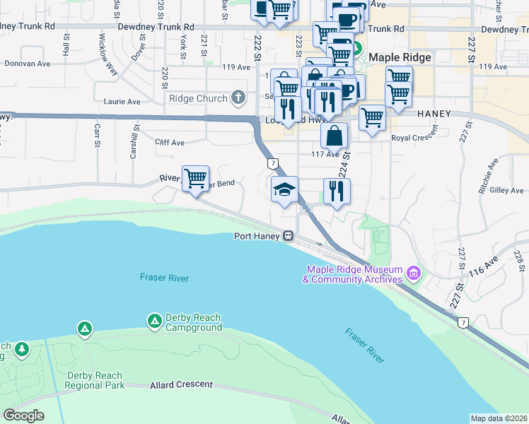 map of restaurants, bars, coffee shops, grocery stores, and more near in Maple Ridge