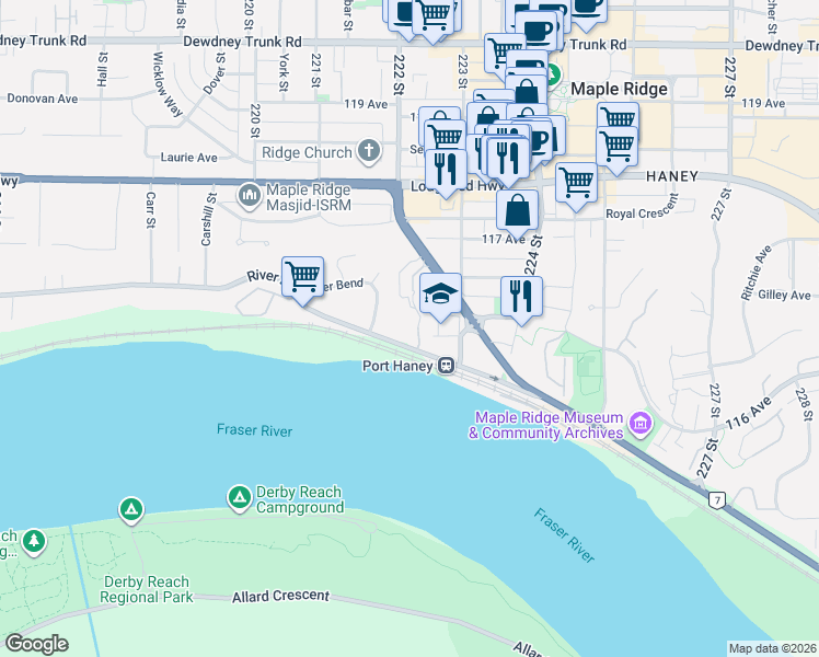 map of restaurants, bars, coffee shops, grocery stores, and more near in Maple Ridge