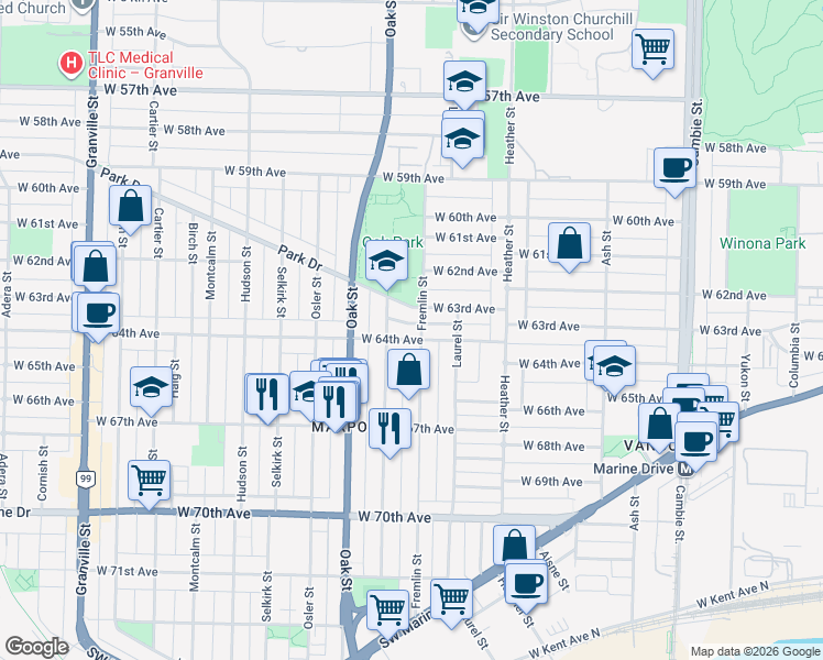 map of restaurants, bars, coffee shops, grocery stores, and more near 911 West 64th Avenue in Vancouver
