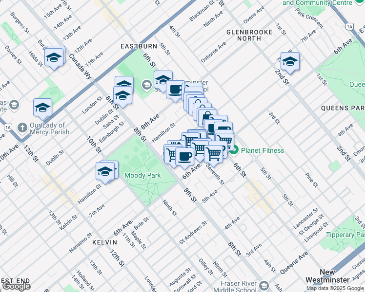 map of restaurants, bars, coffee shops, grocery stores, and more near 710 Seventh Avenue in New Westminster