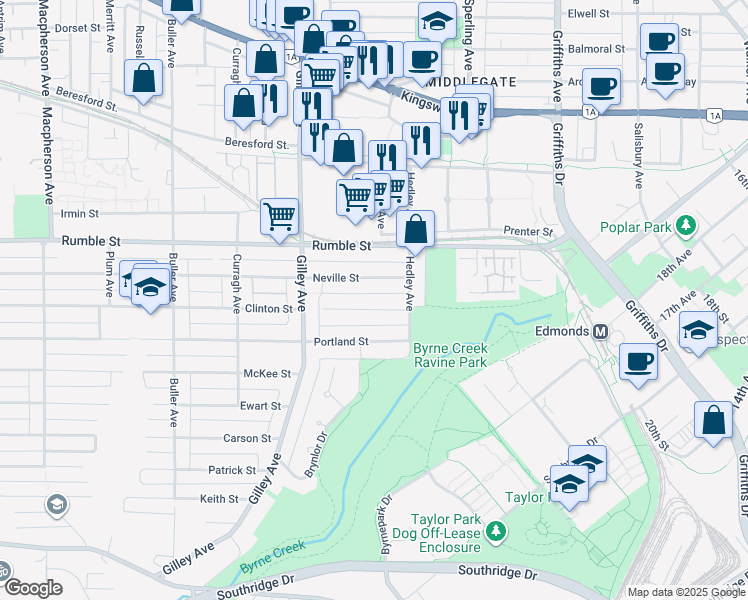 map of restaurants, bars, coffee shops, grocery stores, and more near 6536 Neville Street in Burnaby