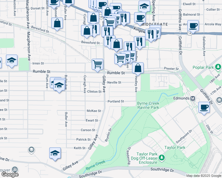 map of restaurants, bars, coffee shops, grocery stores, and more near 7738 Gilley Avenue in Burnaby