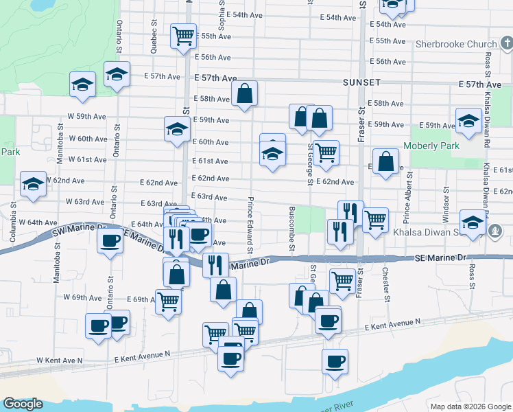 map of restaurants, bars, coffee shops, grocery stores, and more near 416 East 63rd Avenue in Vancouver