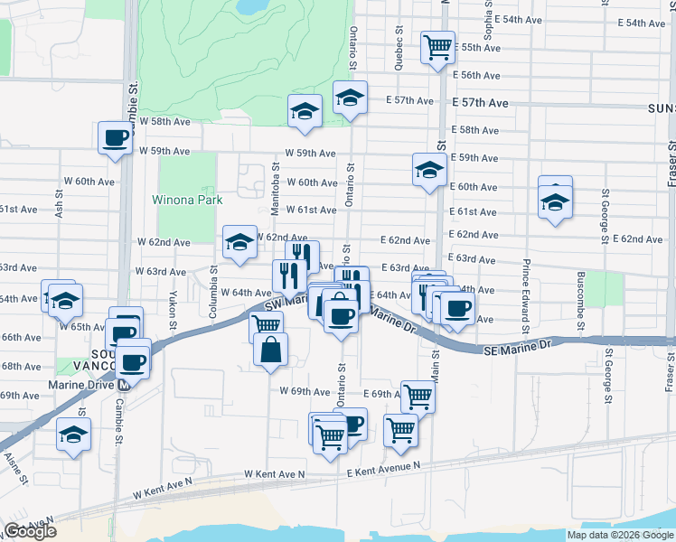 map of restaurants, bars, coffee shops, grocery stores, and more near 6 West 63rd Avenue in Vancouver