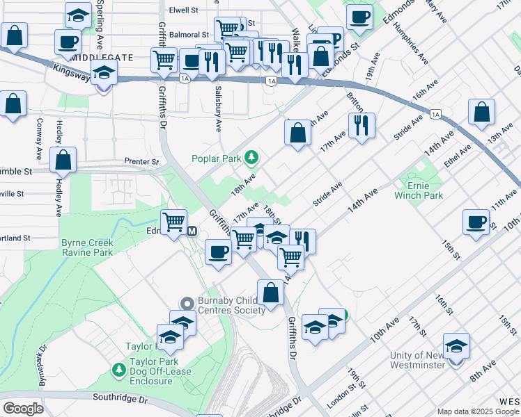 map of restaurants, bars, coffee shops, grocery stores, and more near 7090 17th Avenue in Burnaby
