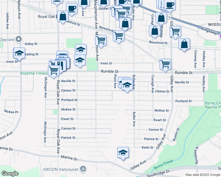 map of restaurants, bars, coffee shops, grocery stores, and more near 5679 Clinton Street in Burnaby