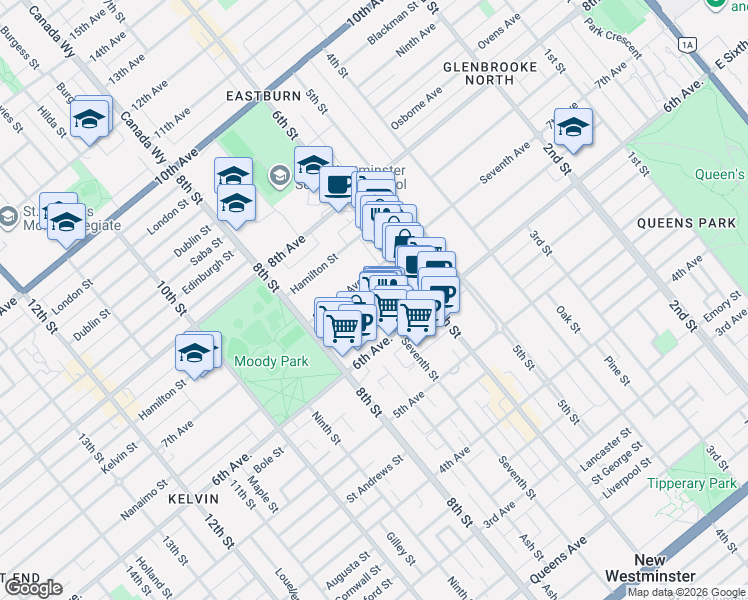 map of restaurants, bars, coffee shops, grocery stores, and more near 719 Princess Street in New Westminster
