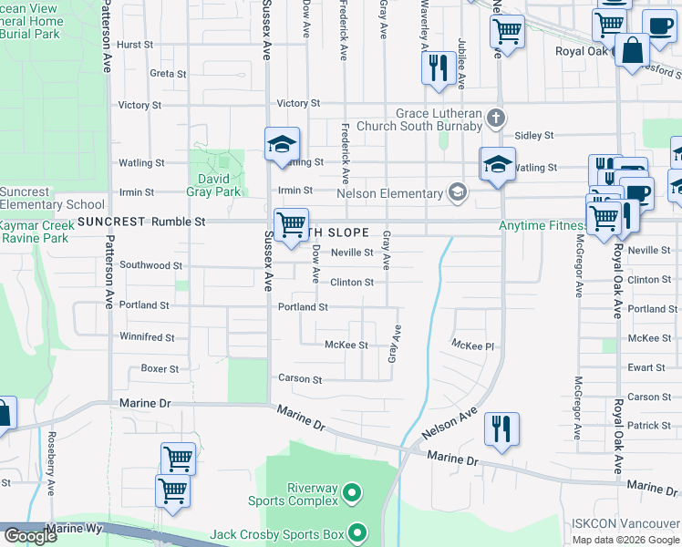 map of restaurants, bars, coffee shops, grocery stores, and more near 4535 Clinton Street in Burnaby