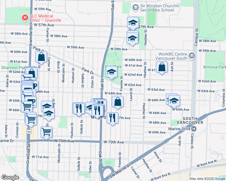 map of restaurants, bars, coffee shops, grocery stores, and more near 7990 Shaughnessy Street in Vancouver