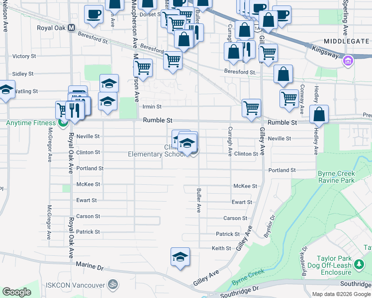 map of restaurants, bars, coffee shops, grocery stores, and more near 5827 Clinton Street in Burnaby