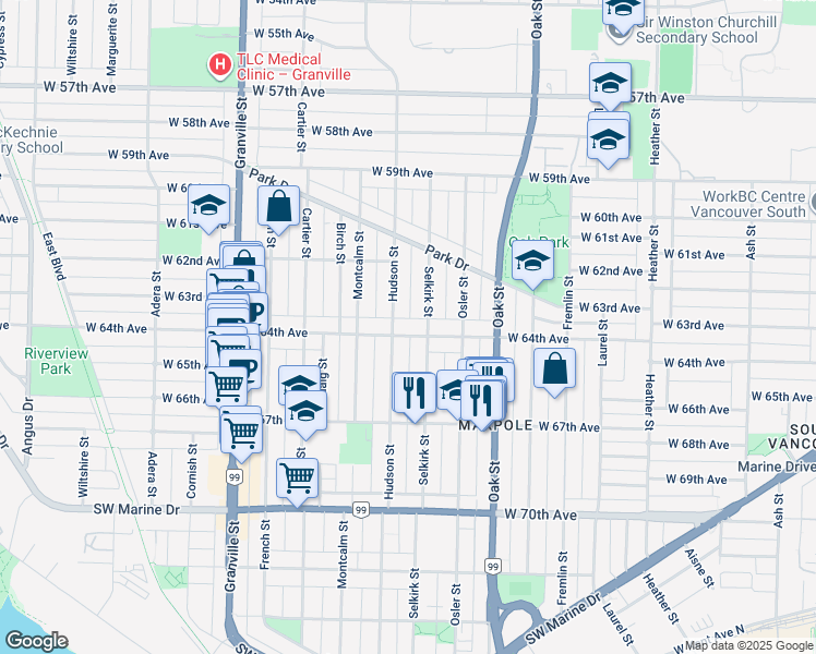 map of restaurants, bars, coffee shops, grocery stores, and more near 1255 West 64th Avenue in Vancouver