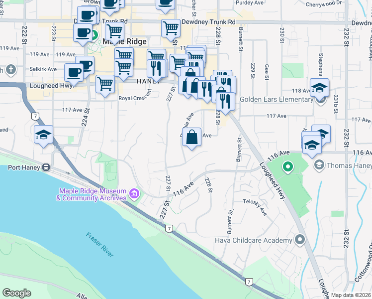 map of restaurants, bars, coffee shops, grocery stores, and more near 11643 Ritchie Avenue in Maple Ridge