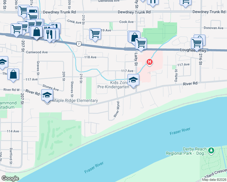 map of restaurants, bars, coffee shops, grocery stores, and more near in Maple Ridge