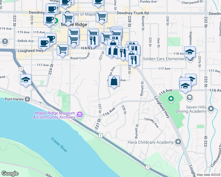 map of restaurants, bars, coffee shops, grocery stores, and more near 11640 Ritchie Avenue in Maple Ridge