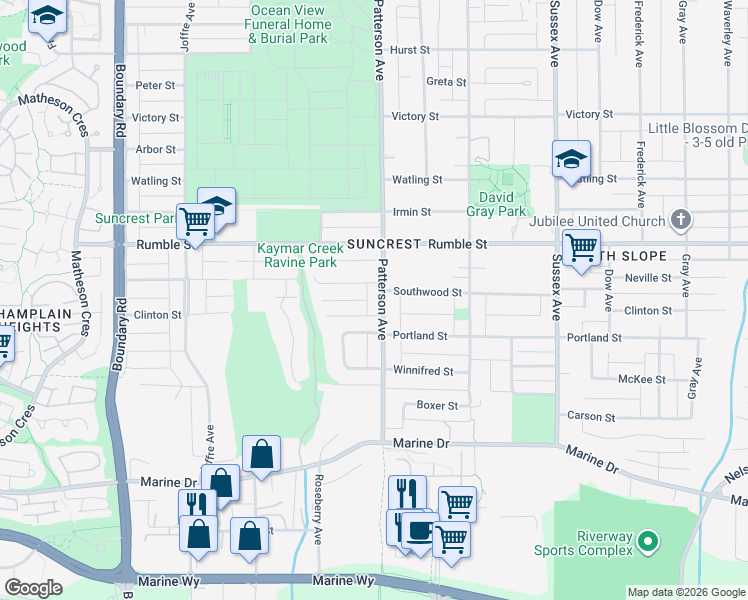 map of restaurants, bars, coffee shops, grocery stores, and more near 7749 Patterson Avenue in Burnaby