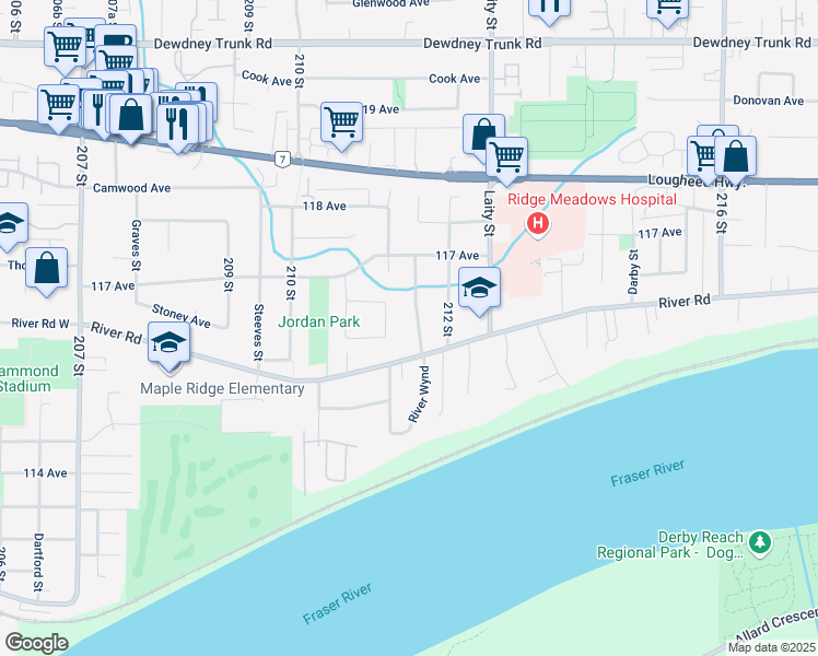 map of restaurants, bars, coffee shops, grocery stores, and more near 11603 River Wynd in Maple Ridge